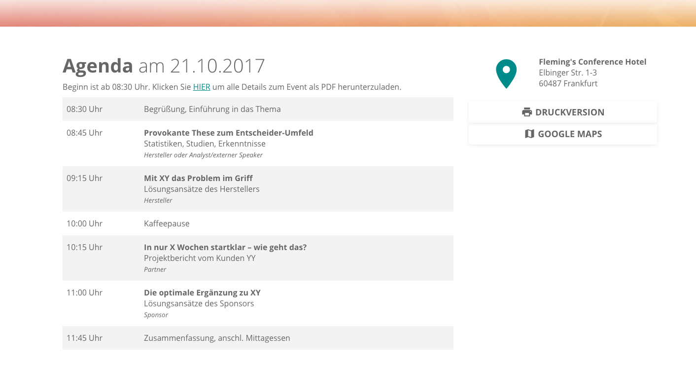 Allgemeines Wissen und vertiefende Beiträge von Hersteller, Sponsor und Partner – das Rezept für spannenden Event-Content. (Agenda-Muster: WerbeHaus)