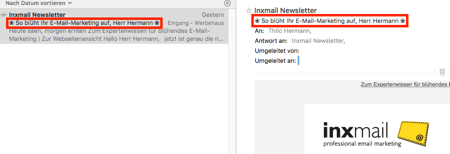 Newsletter mit Personalisierung und Emoticon im Betreff, beides ist auch im Pre-Header möglich