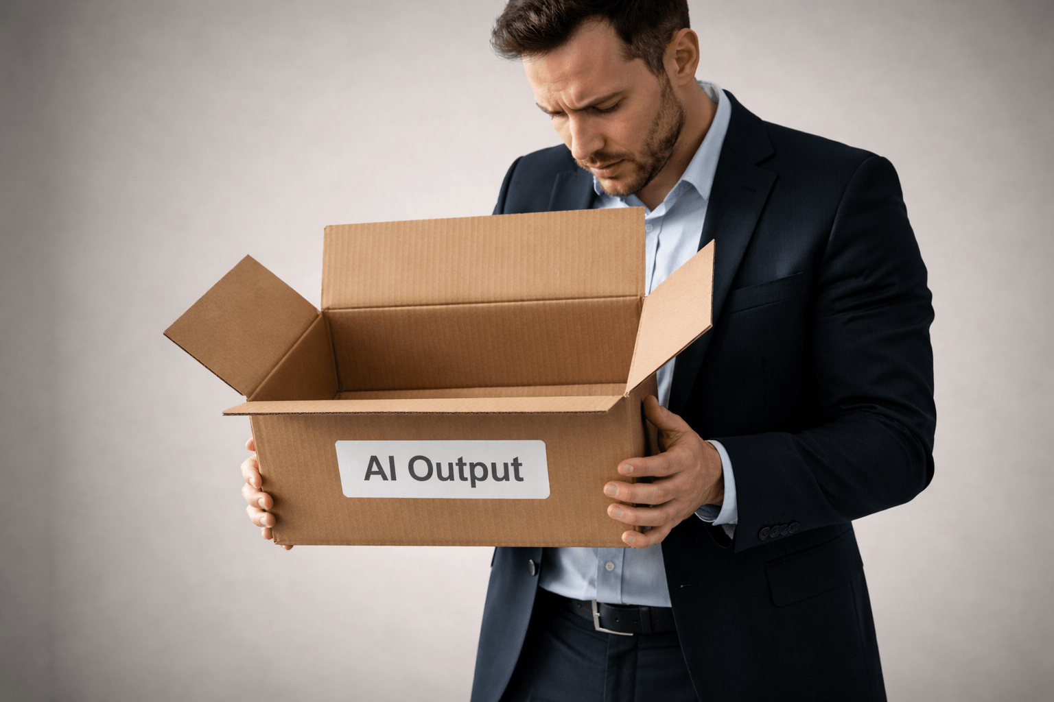 B2B-Marketingfachmann sieht leeren Karton mit "AI Output"